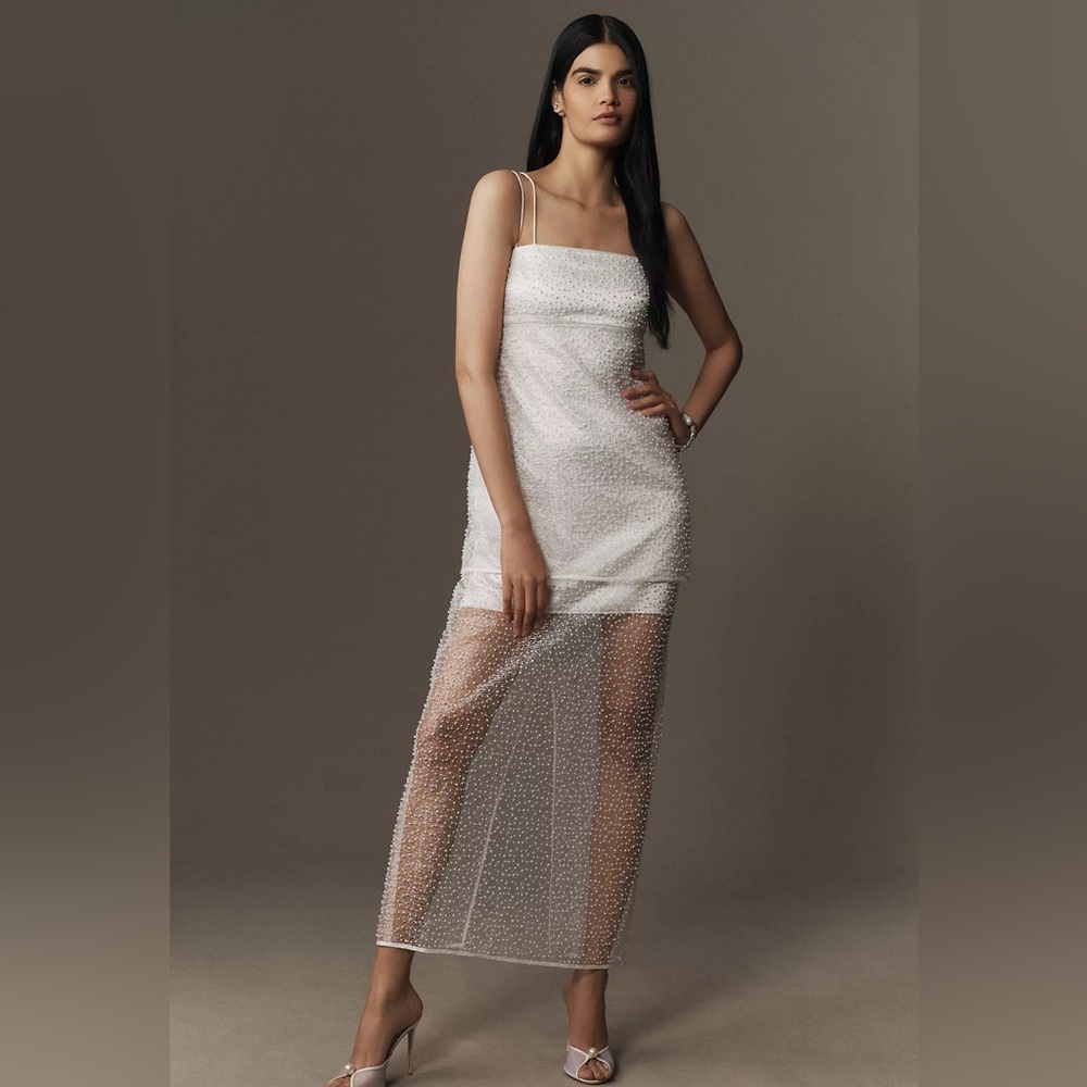 BHLDN Sleeveless Pearl-Embellished Sheer Skirt Maxi Dress